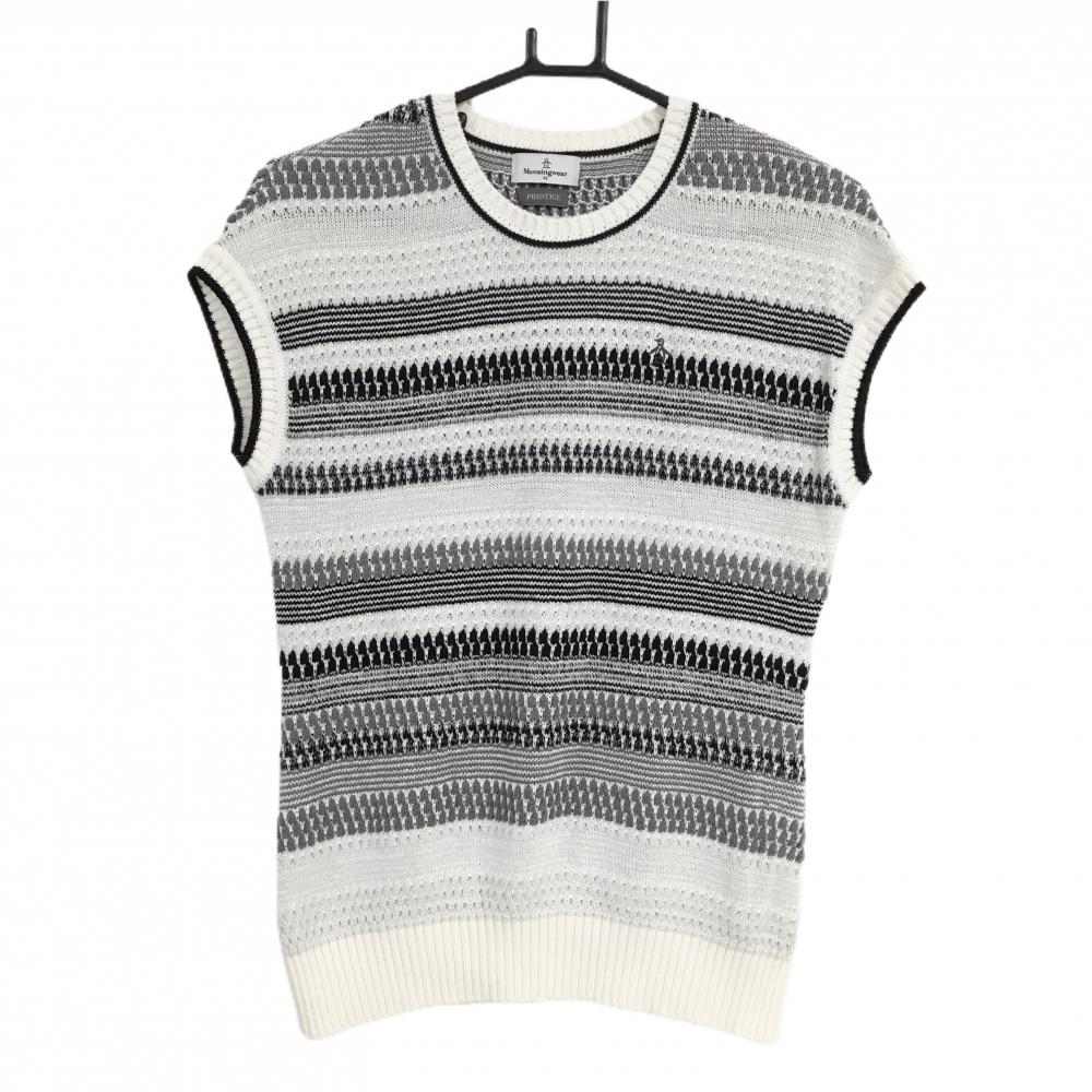 【超美品】マンシングウェア ニットベスト 白×黒×グレー ボーダー風 レディース M ゴルフウェア Munsingwear
