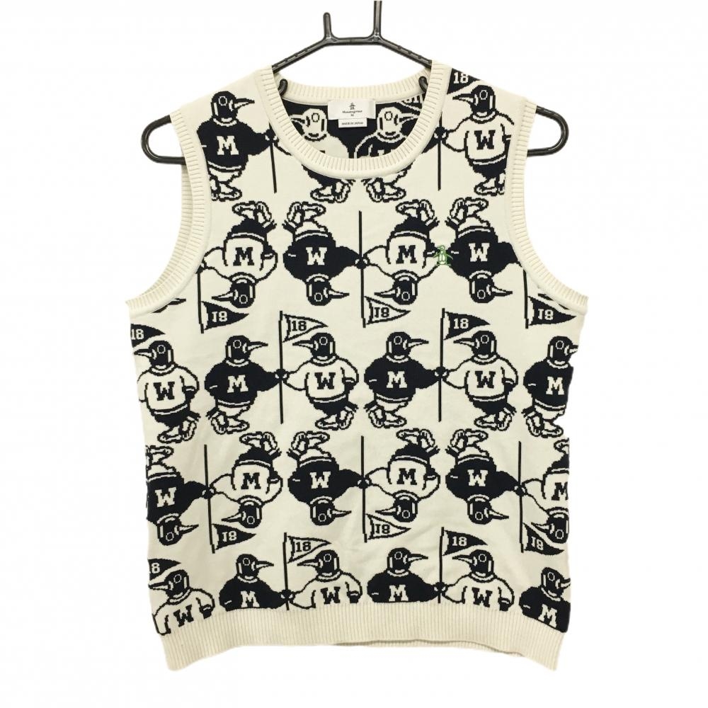 【超美品】マンシングウェア ニットベスト 白×ネイビー ペンギン総柄 レディース M ゴルフウェア Munsingwear