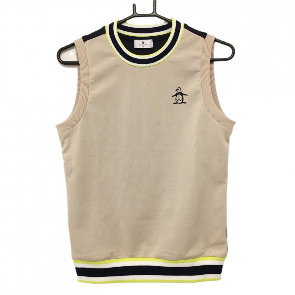 【超美品】マンシングウェア ニットベスト ベージュ×ネイビー×イエロー 胸ロゴ レディース M ゴルフウェア 2023年モデル Munsingwear