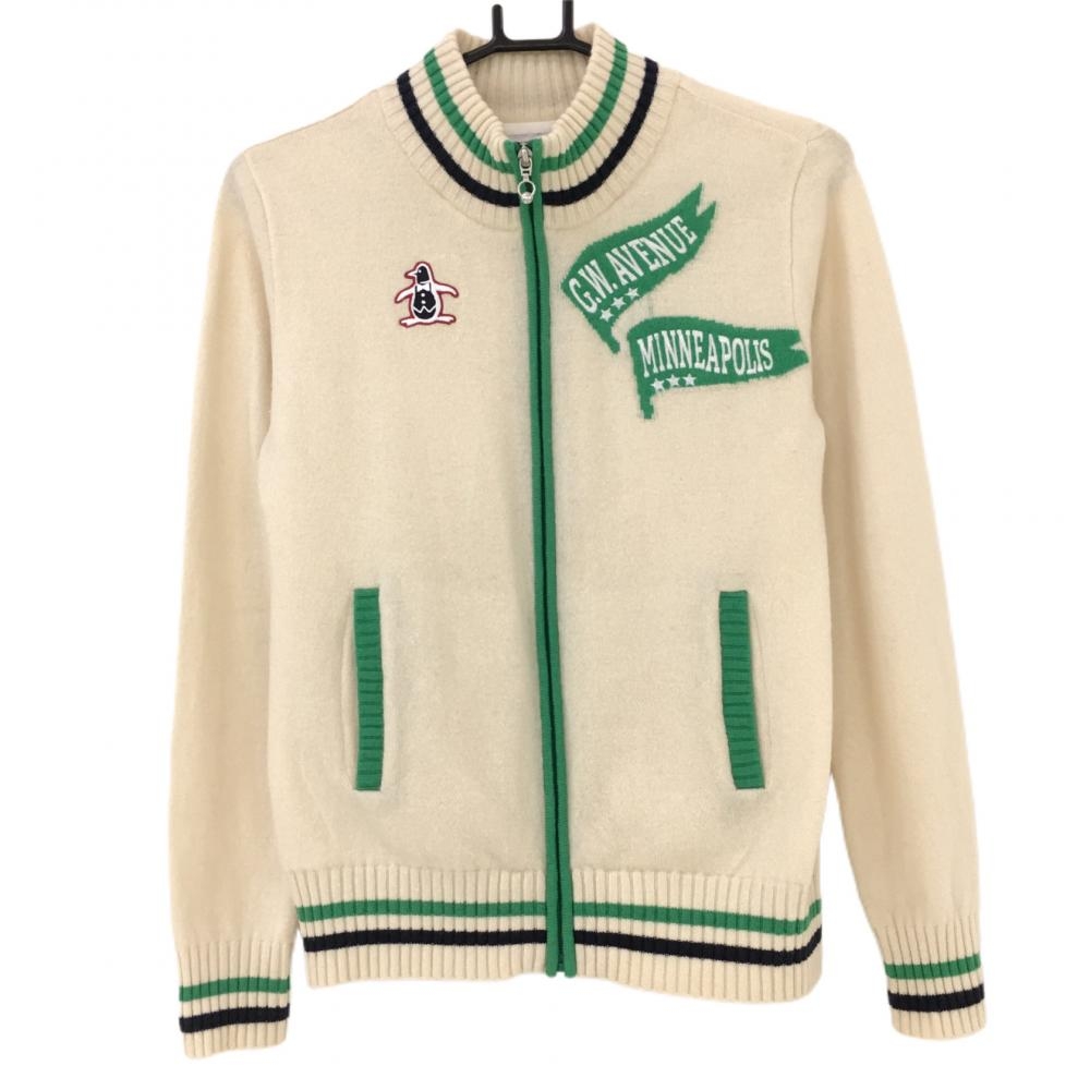 【美品】マンシングウェア ニットジャケット 白×グリーン フラッグ 裏地付き レディース M ゴルフウェア Munsingwear 画像