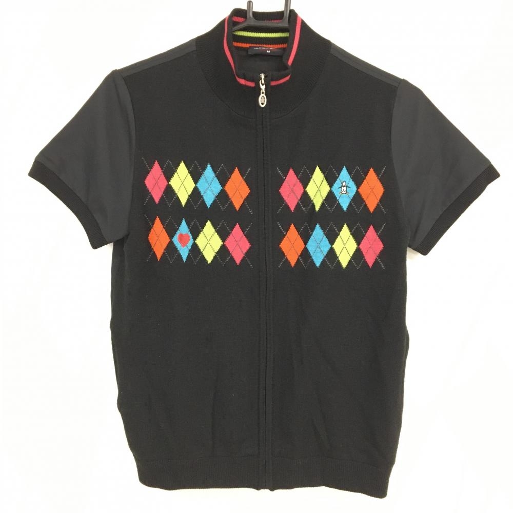 【超美品】マンシングウェア 半袖ニットジャケット 黒×マルチ 一部アーガイル 異素材 ウール混 レディース M ゴルフウェア Munsingwear