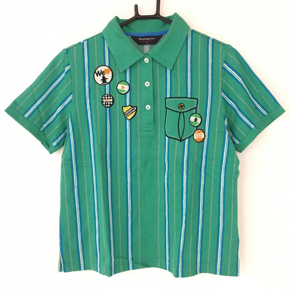 【美品】マンシングウェア 半袖ポロシャツ グリーン×ブルー ストライプ だまし絵 総柄 レディース L ゴルフウェア Munsingwear