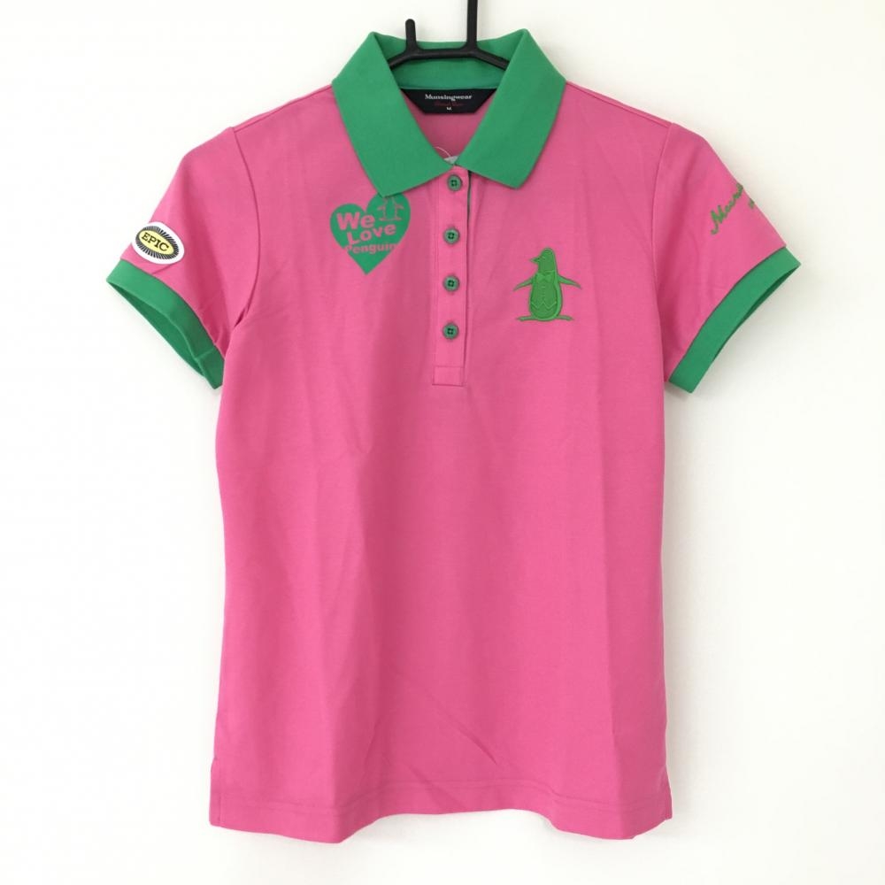 【新品】マンシングウェア 半袖ポロシャツ ピンク×グリーン ペンギン刺しゅう 吸汗速乾 レディース M ゴルフウェア Munsingwear