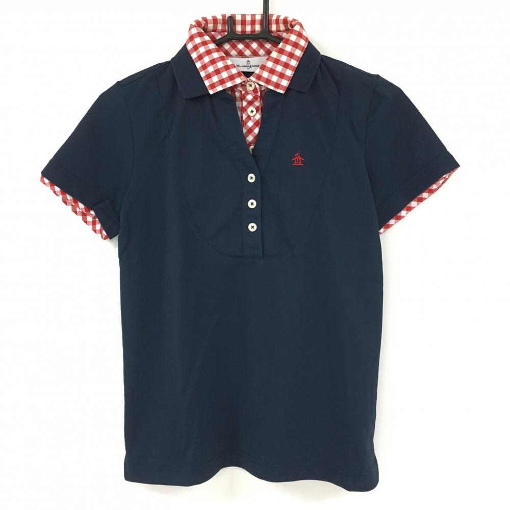 マンシングウェア 半袖ポロシャツ ネイビー×赤 一部チェック 重ね着風 レディース M ゴルフウェア Munsingwear