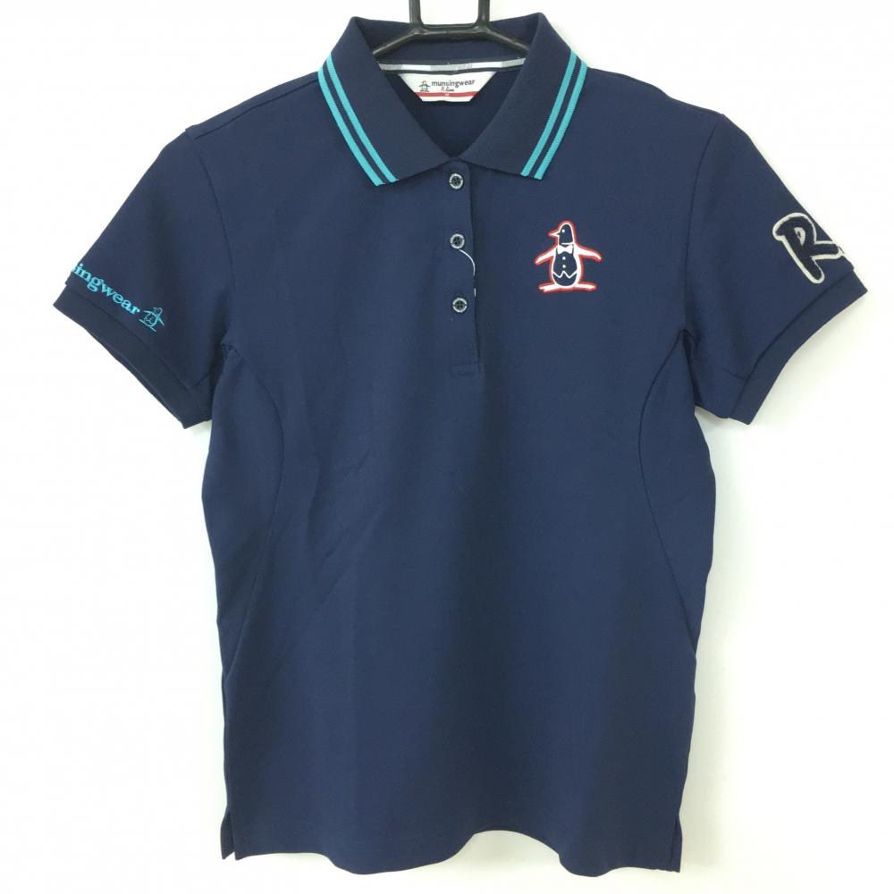 【新品】Munsingwear マンシングウェア 半袖ポロシャツ ネイビー×ブルーグリーン ビッグロゴ レディース M ゴルフウェア