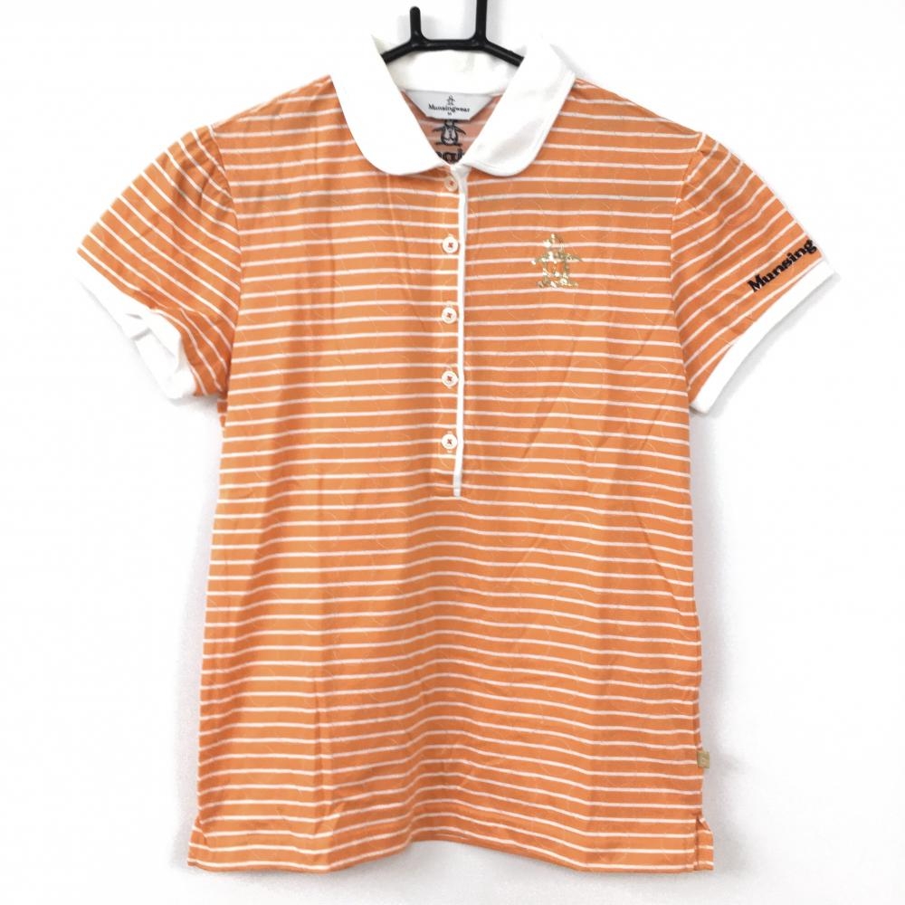 Munsingwear マンシングウェア 半袖ポロシャツ オレンジ×白 ボーダー×ドット柄織生地 総柄 丸襟  レディース M ゴルフウェア