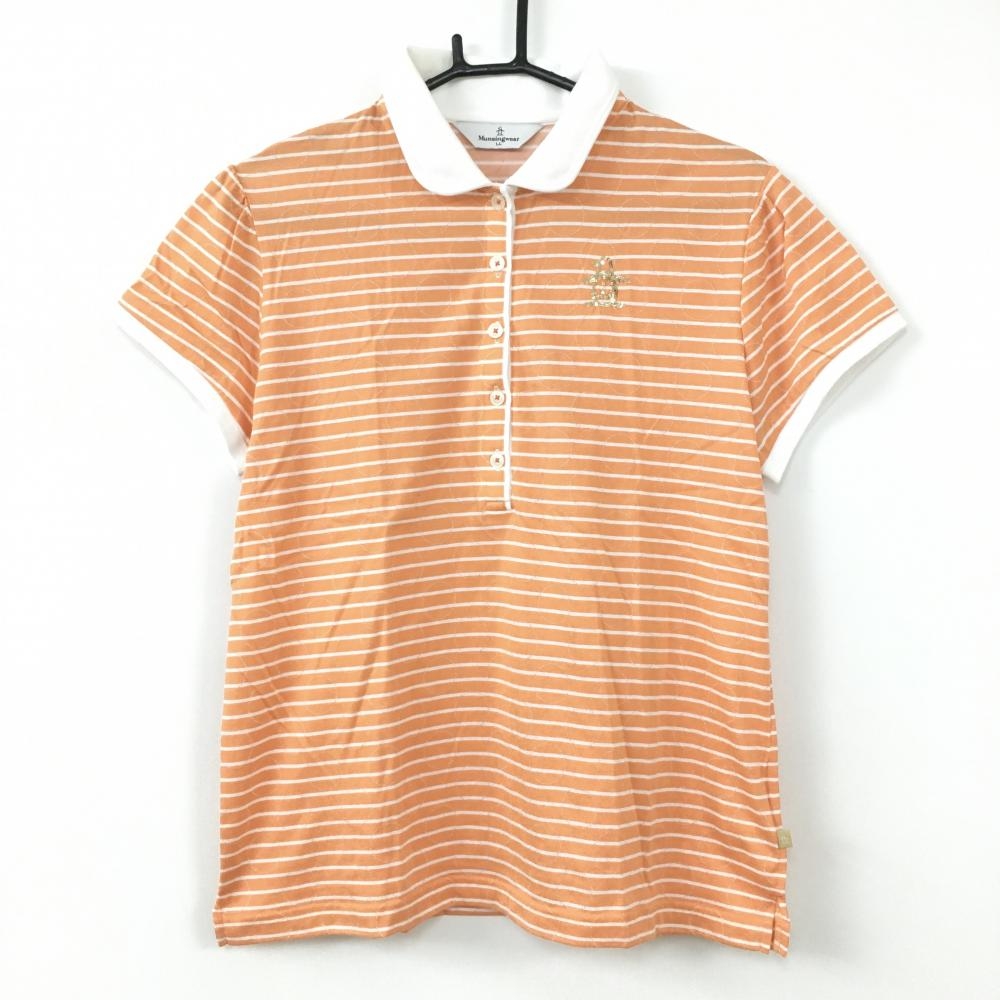 【美品】マンシングウェア 半袖ポロシャツ オレンジ×白 ボーダー ドット柄 総柄 レディース LL ゴルフウェア Munsingwear