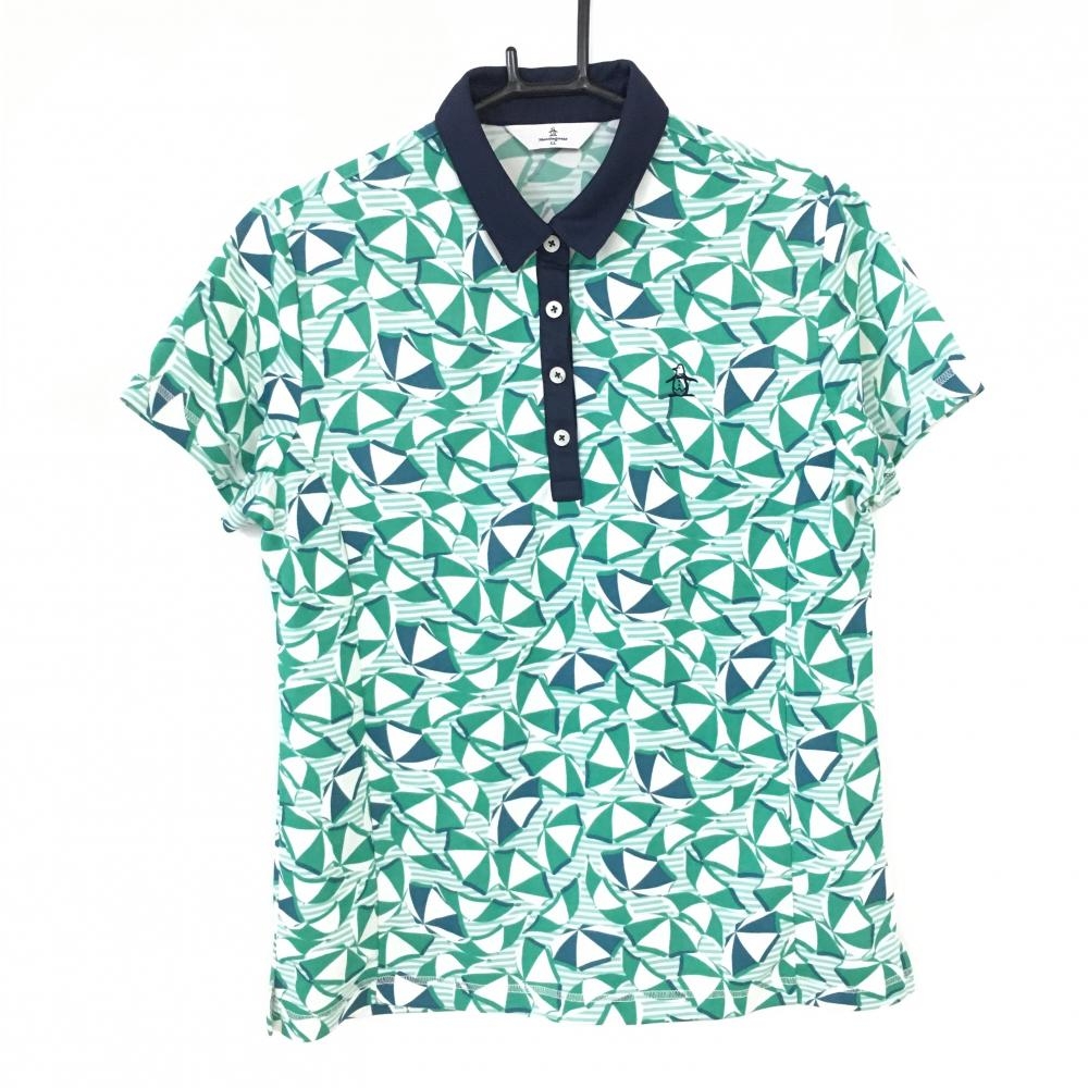 Munsingwear マンシングウェア 半袖ポロシャツ グリーン×白 パラソル柄×ボーダー  レディース LL ゴルフウェア