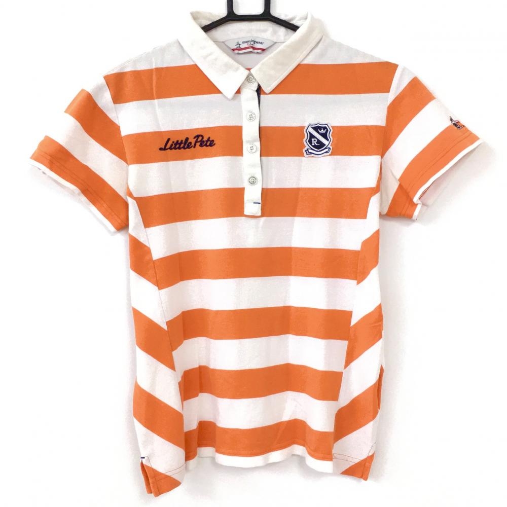 Munsingwear マンシングウェア 半袖ポロシャツ オレンジ×白 ボーダー ワッペン レディース L ゴルフウェア