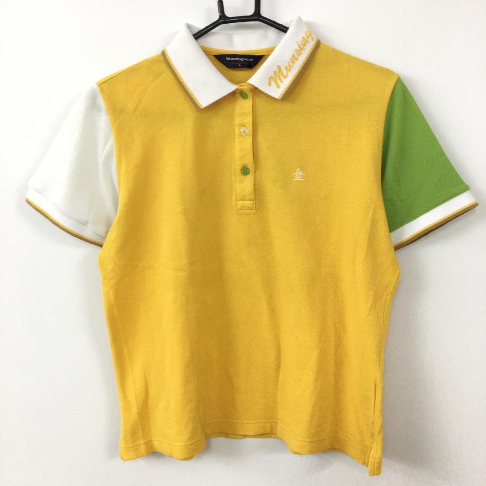 Munsingwear マンシングウェア 半袖ポロシャツ イエロー×グリーン 襟ロゴ バックビッグペンギン レディース L ゴルフウェア