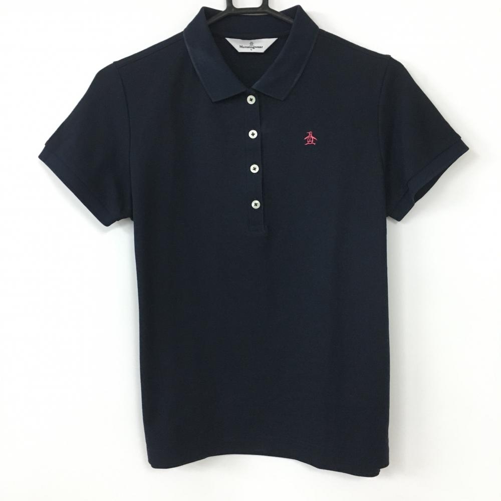 マンシングウェア 半袖ポロシャツ ネイビー×ピンク ペンギン刺しゅう シンプル レディース L ゴルフウェア Munsingwear