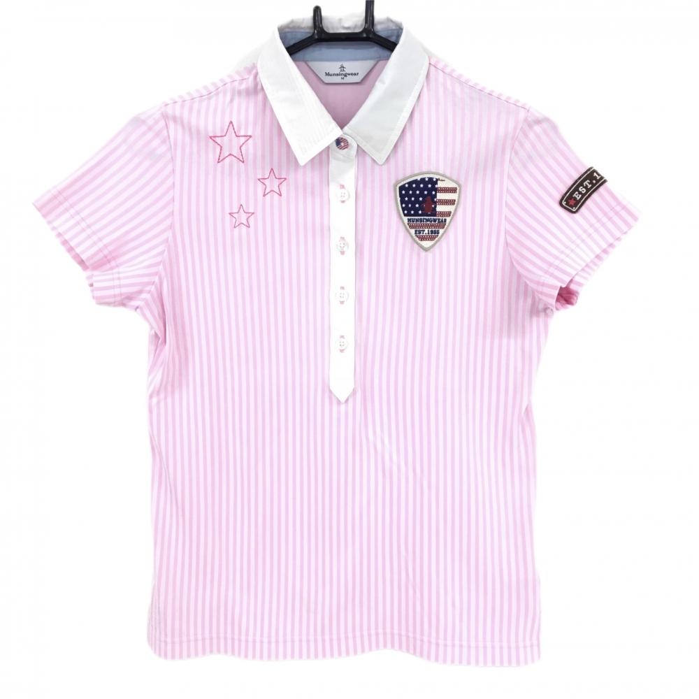 マンシングウェア 半袖ポロシャツ ピンク×白 ストライプ 星条旗ワッペン  レディース M ゴルフウェア Munsingwear