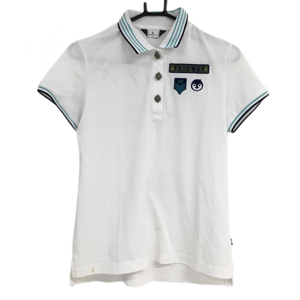マンシングウェア 半袖ポロシャツ 白×ブルーグリーン 襟・袖口メッシュ 星・ハートプリント レディース L ゴルフウェア Munsingwear 画像
