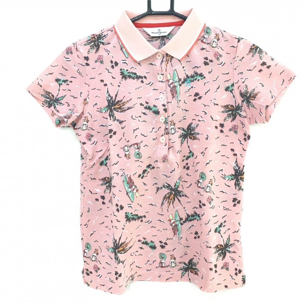 【美品】マンシングウェア 半袖ポロシャツ ピンク×ブラウン 総柄  レディース M ゴルフウェア Munsingwear