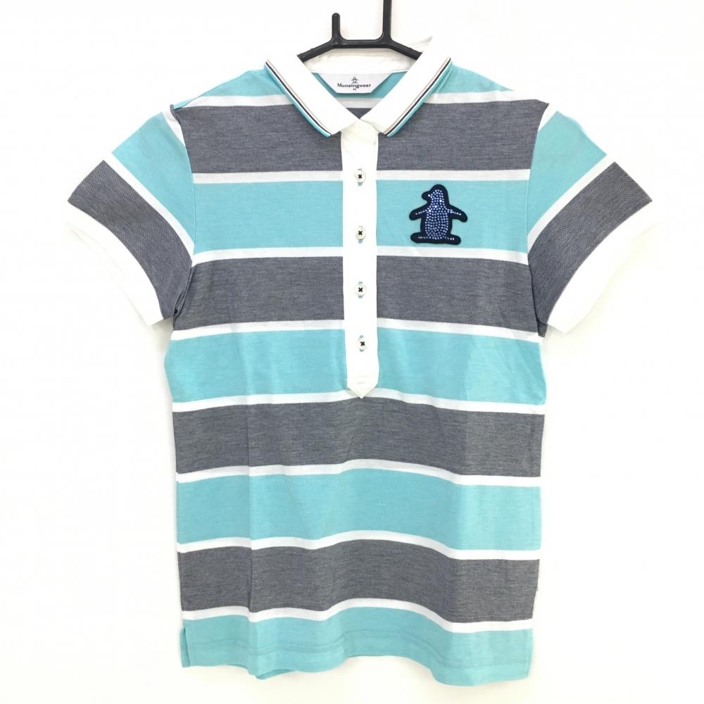マンシングウェア 半袖ポロシャツ ライトブルー×ネイビー×白 ボーダー  レディース M ゴルフウェア Munsingwear 画像