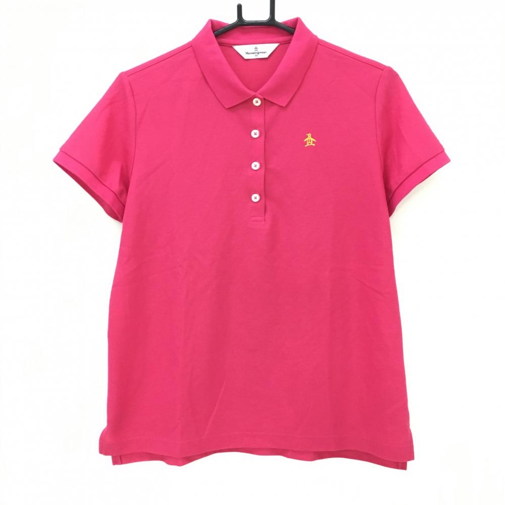 【超美品】マンシングウェア 半袖ポロシャツ ピンク シンプル ロゴイエロー レディース LL ゴルフウェア Munsingwear