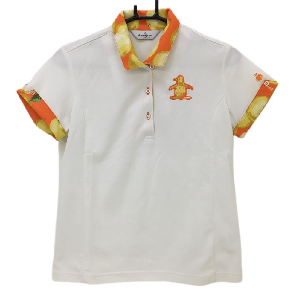 マンシングウェア 半袖ポロシャツ 白×オレンジ 襟・袖オレンジ柄 レディース M ゴルフウェア Munsingwear 画像
