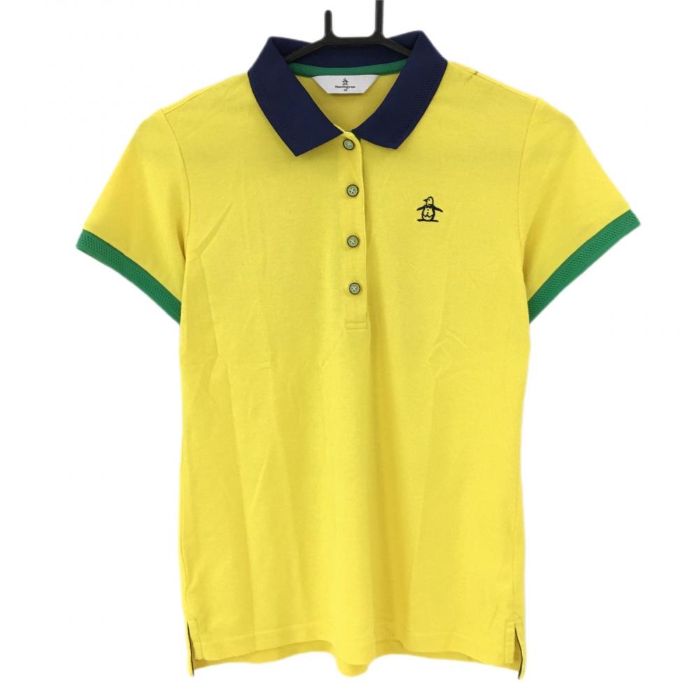 マンシングウェア 半袖ポロシャツ イエロー×ネイビー×グリーン 襟袖口ニット レディース M ゴルフウェア Munsingwear
