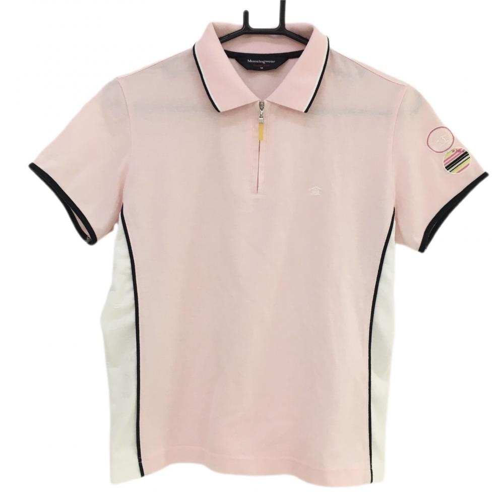 マンシングウェア 半袖ポロシャツ ピンク×白 ハーフジップ サイド切替ロゴ織生地  レディース Ｍ ゴルフウェア Munsingwear 画像