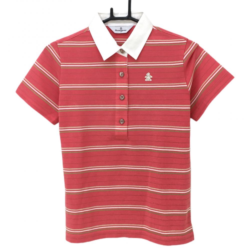 【美品】マンシングウェア 半袖ポロシャツ ピンク×白 ボーダー  レディース M ゴルフウェア Munsingwear 画像