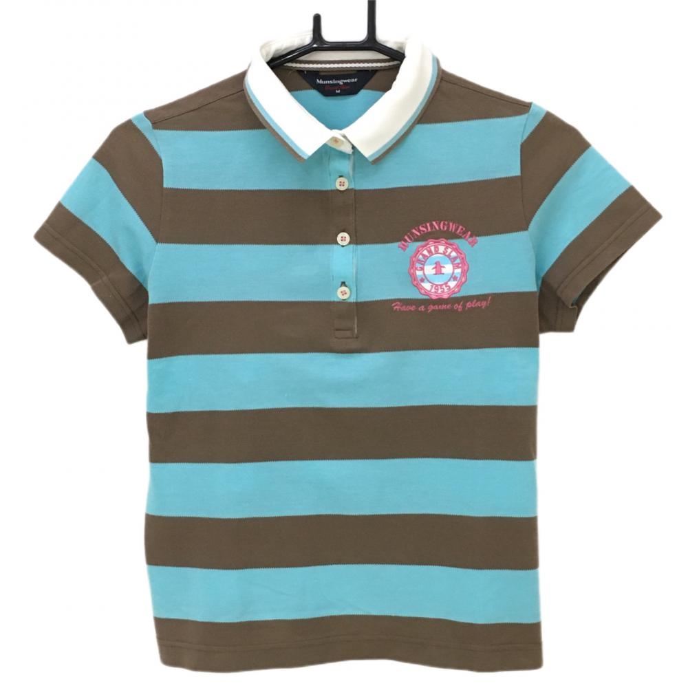 マンシングウェア 半袖ポロシャツ ライトブルー×ブラウン ボーダー  レディース M ゴルフウェア Munsingwear
