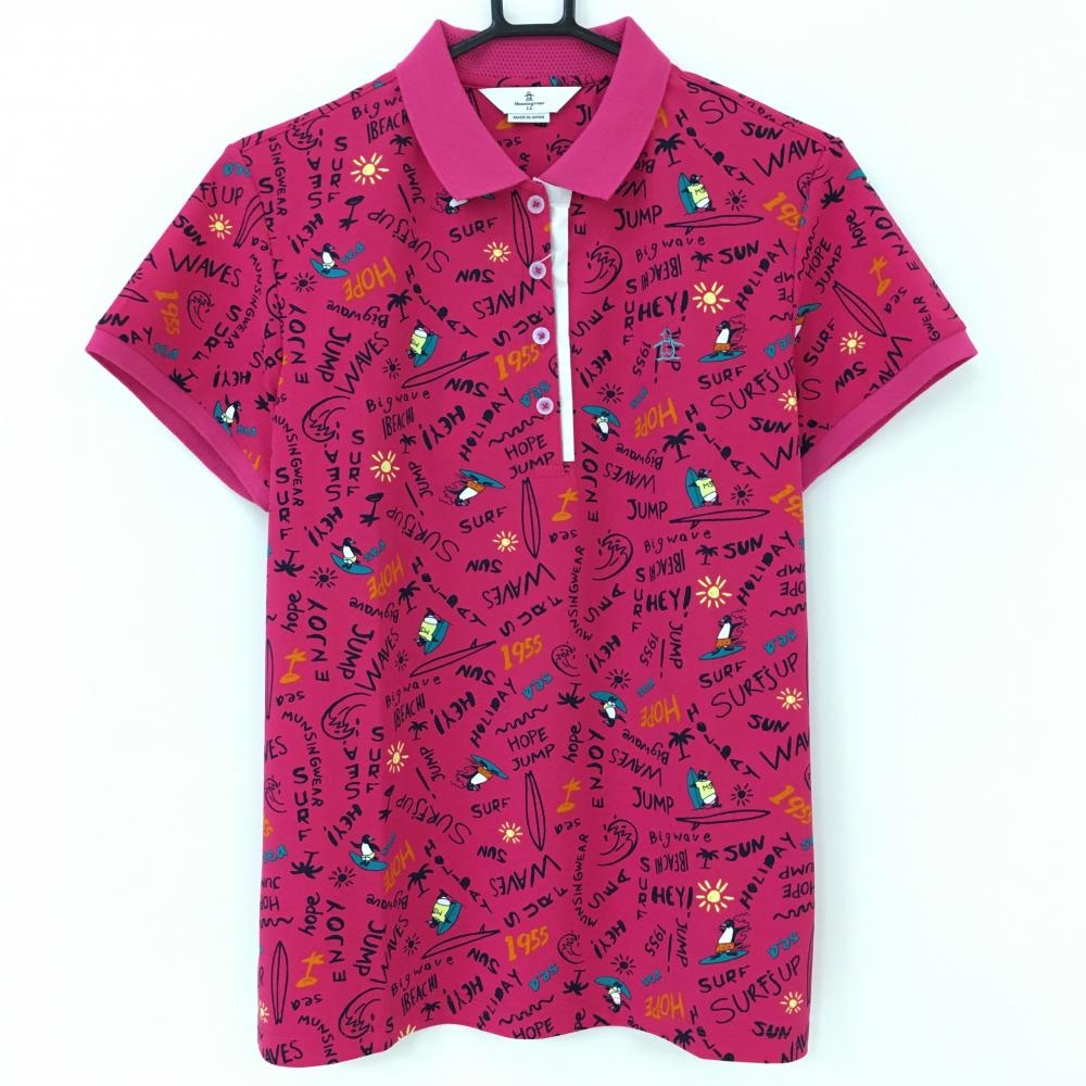 【新品】マンシングウェア 半袖ポロシャツ ピンク×ネイビー 英字総柄 遮熱 レディース LL ゴルフウェア 2022年モデル Munsingwear