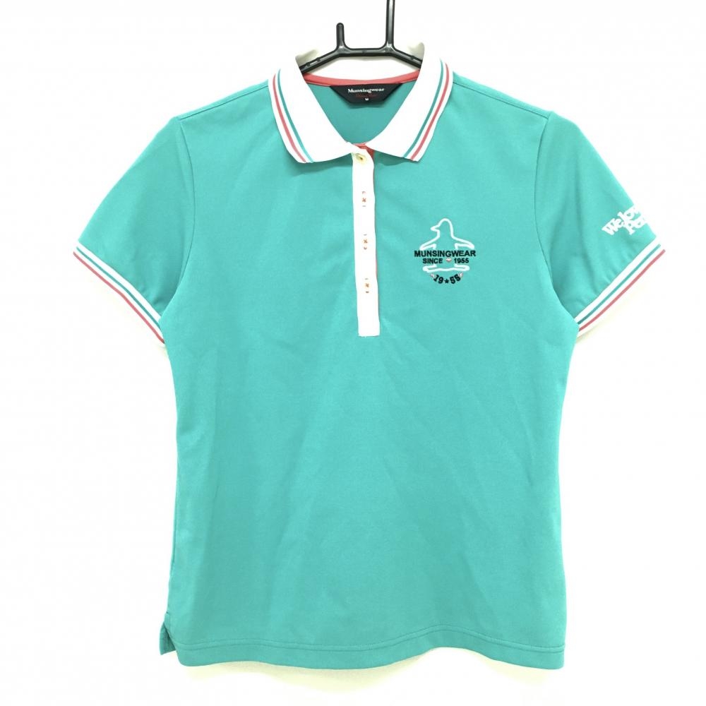 【美品】マンシングウェア 半袖ポロシャツ ライトグリーン×白 襟袖口ライン  レディース M ゴルフウェア Munsingwear