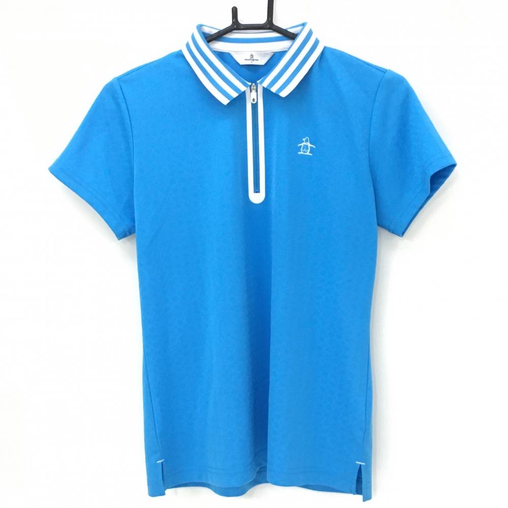 マンシングウェア 半袖ポロシャツ ライトブルー ドット織生地 襟ボーダー ハーフジップ レディース L ゴルフウェア Munsingwear