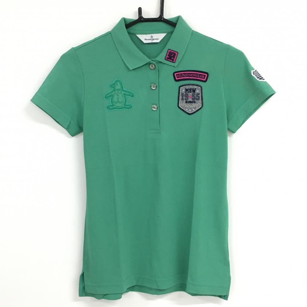 マンシングウェア 半袖ポロシャツ グリーン×ネイビー 複数ワッペン  レディース M ゴルフウェア Munsingwear