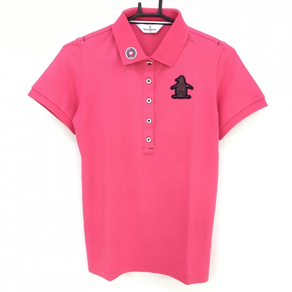 【美品】マンシングウェア 半袖ポロシャツ ピンク×ネイビー ワッペン  レディース M ゴルフウェア Munsingwear