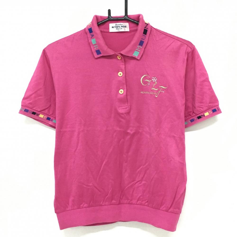 マンシングウェア 半袖ポロシャツ ピンク×ゴールド ロゴ刺しゅう ラインストーン レディース L ゴルフウェア Munsingwear