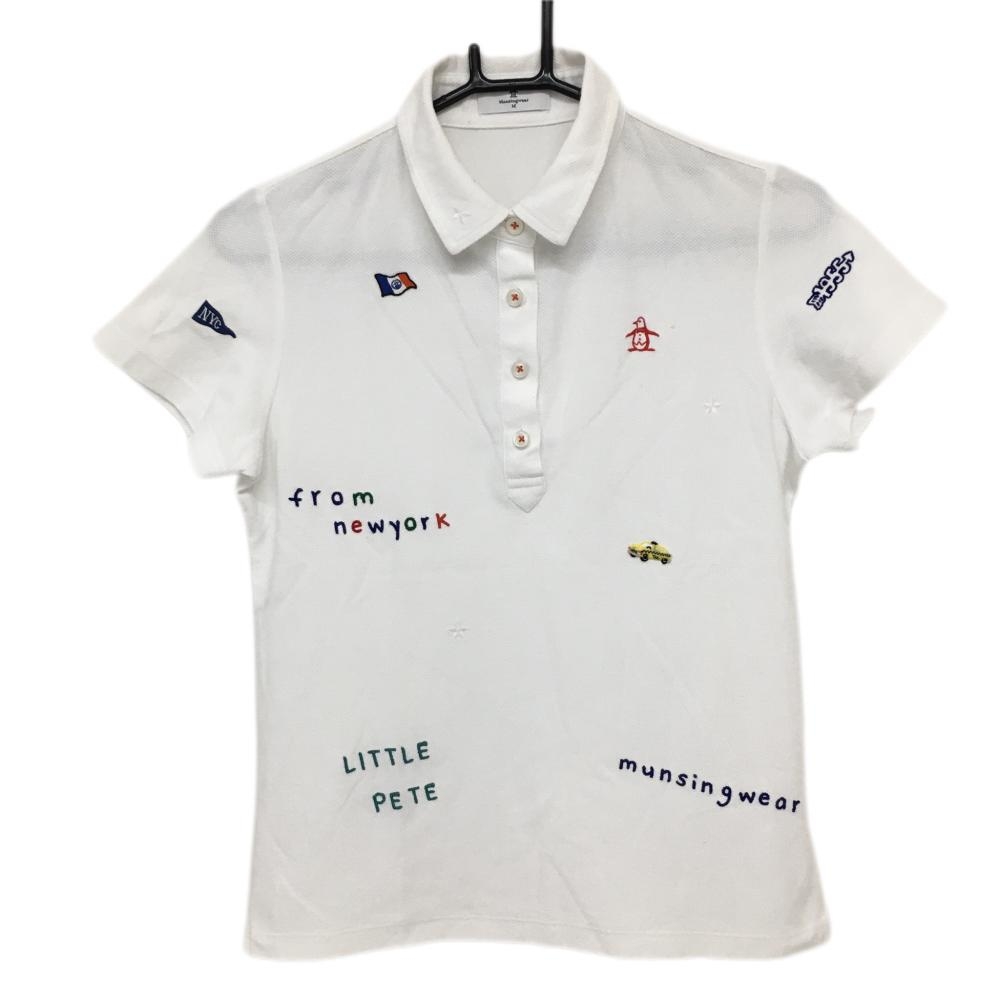 マンシングウェア 半袖ポロシャツ 白×マルチ 前面刺しゅう総柄  レディース M ゴルフウェア Munsingwear
