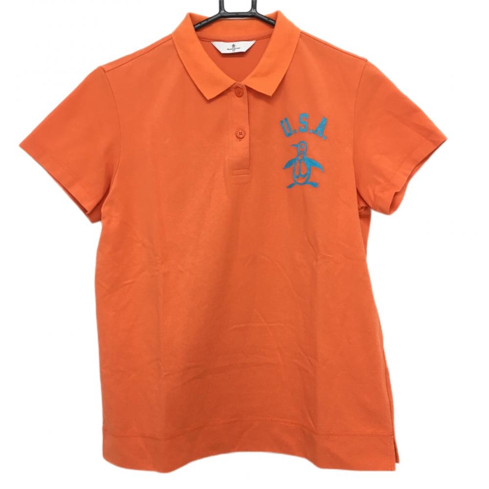 【美品】マンシングウェア 半袖ポロシャツ オレンジ×ライトブルー ロゴ刺しゅう  レディース LL ゴルフウェア Munsingwear