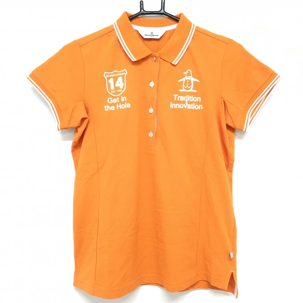 【美品】マンシングウェア 半袖ポロシャツ オレンジ×白 フロッキープリント  レディース L ゴルフウェア Munsingwear