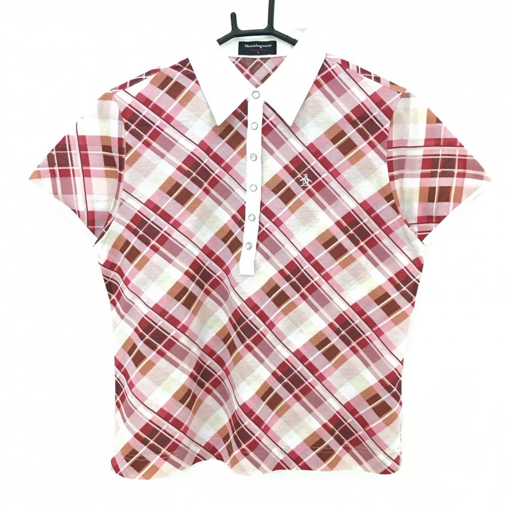 マンシングウェア 半袖ポロシャツ ピンク×レッド 斜めチェック柄 スナップボタン ロゴ刺しゅう レディース L ゴルフウェア Munsingwear