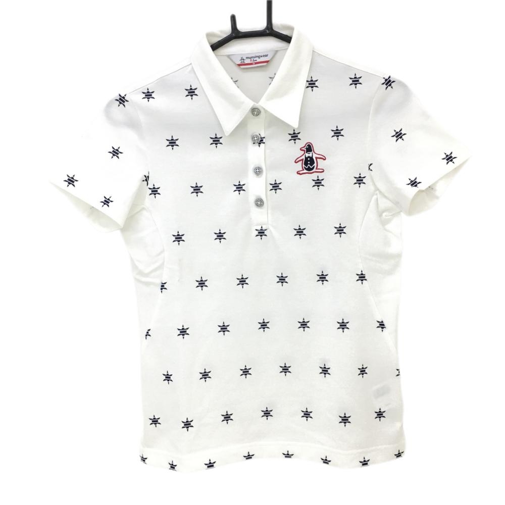 マンシングウェア 半袖ポロシャツ 白×ネイビー 六角星柄 ロゴ刺しゅう レディース M ゴルフウェア Munsingwear 画像