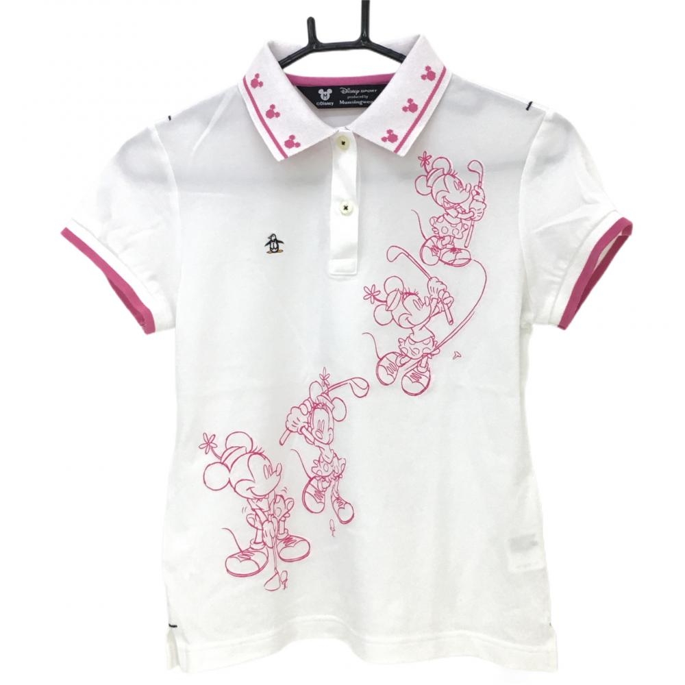 【超美品】マンシングウェア×ディズニーポーツ 半袖ポロシャツ 白×ピンク ミニー レディース M ゴルフウェア Munsingwear