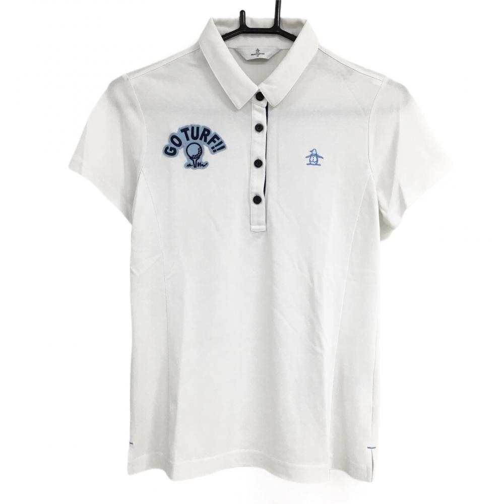 【美品】マンシングウェア 半袖ポロシャツ 白×ライトブルー ワッペン  レディース Ｍ ゴルフウェア Munsingwear