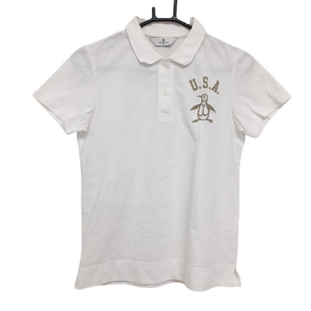 マンシングウェア 半袖ポロシャツ 白 ビッグロゴ刺しゅう  レディース M ゴルフウェア Munsingwear