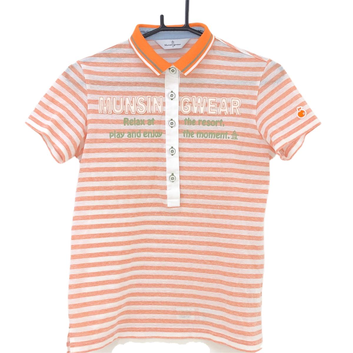 マンシングウェア 半袖ポロシャツ オレンジ×白 ボーダー柄 ロゴワッペン レディース M ゴルフウェア Munsingwear