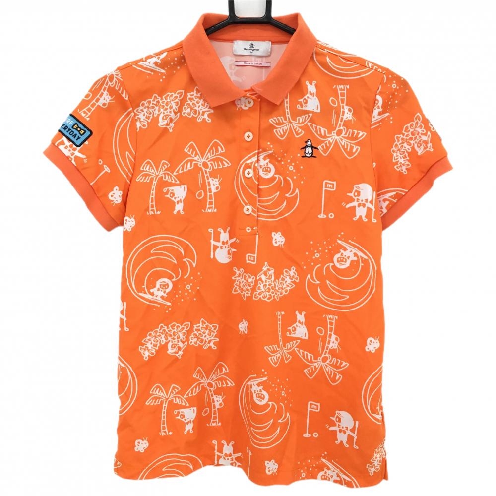 【超美品】マンシングウェア 半袖ポロシャツ オレンジ×白 ヤシの木柄 リトルピート レディース M ゴルフウェア Munsingwear