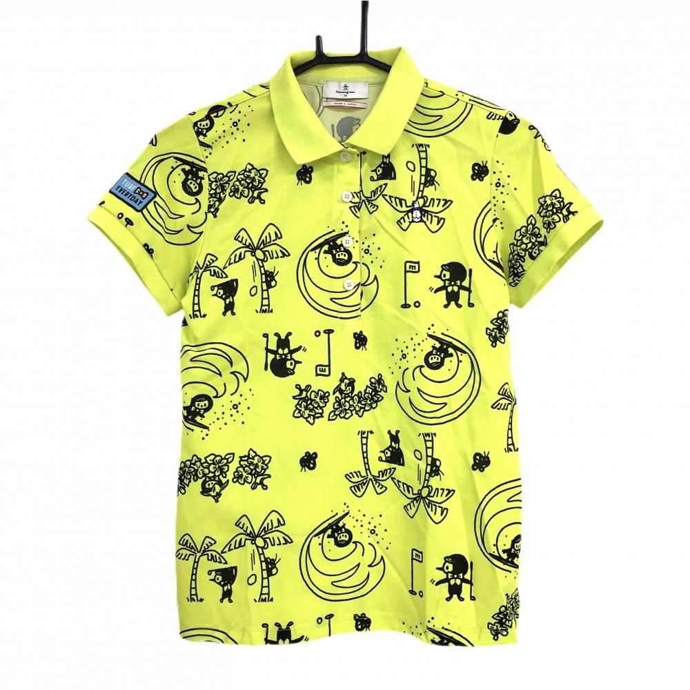 マンシングウェア 半袖ポロシャツ 蛍光イエロー×黒 ヤシの木柄 リトルピート レディース M ゴルフウェア Munsingwear