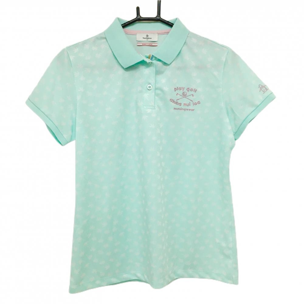 マンシングウェア 半袖ポロシャツ ライトブルー×白 ヤシの木柄 ロゴ刺しゅう レディース L ゴルフウェア Munsingwear