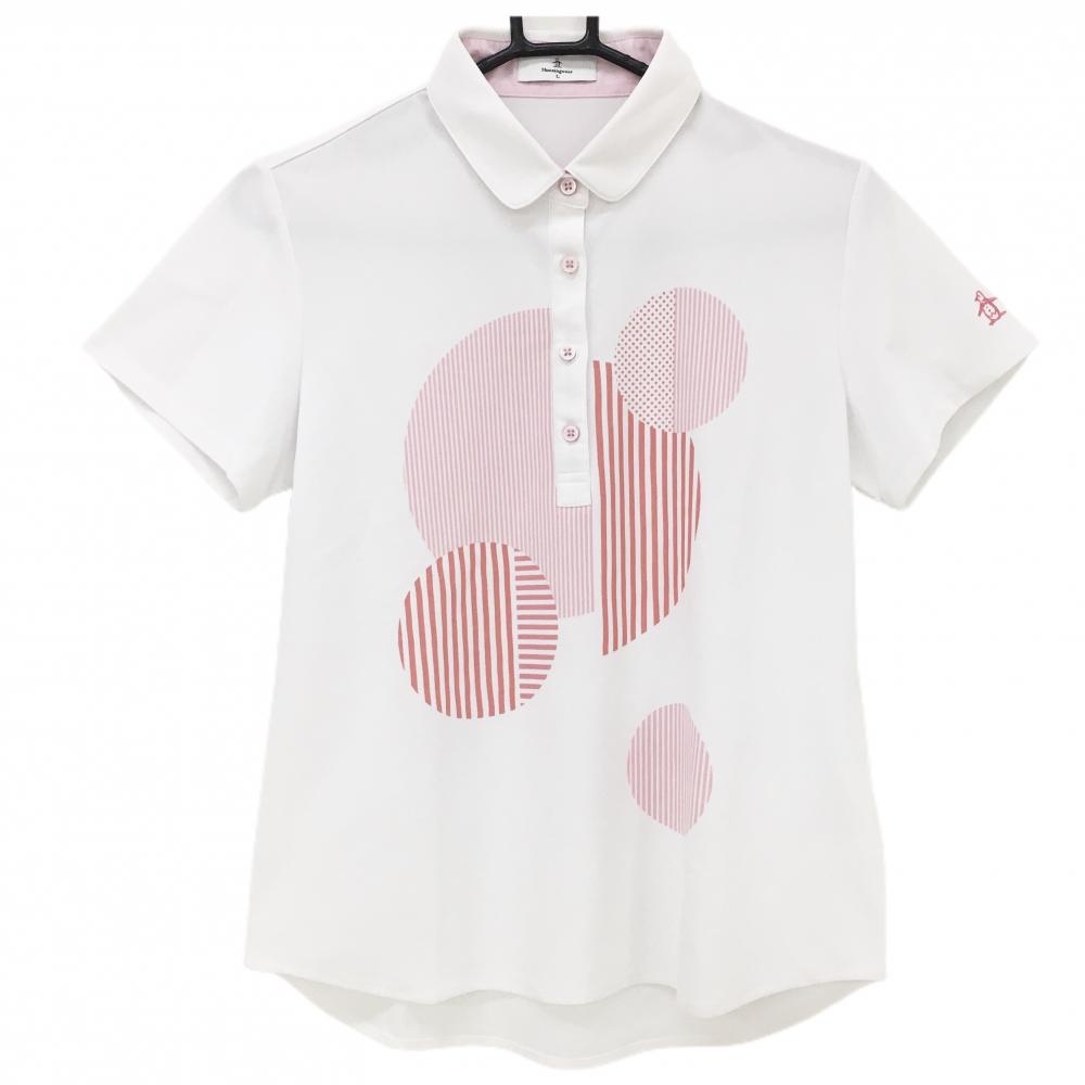 【美品】マンシングウェア 半袖ポロシャツ 白×ピンク 丸 袖ロゴ レディース L ゴルフウェア Munsingwear