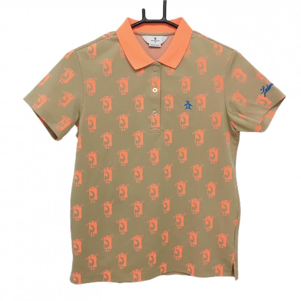 【美品】マンシングウェア 半袖ポロシャツ ベージュ×蛍光オレンジ ペンギン総柄  レディース M ゴルフウェア Munsingwear