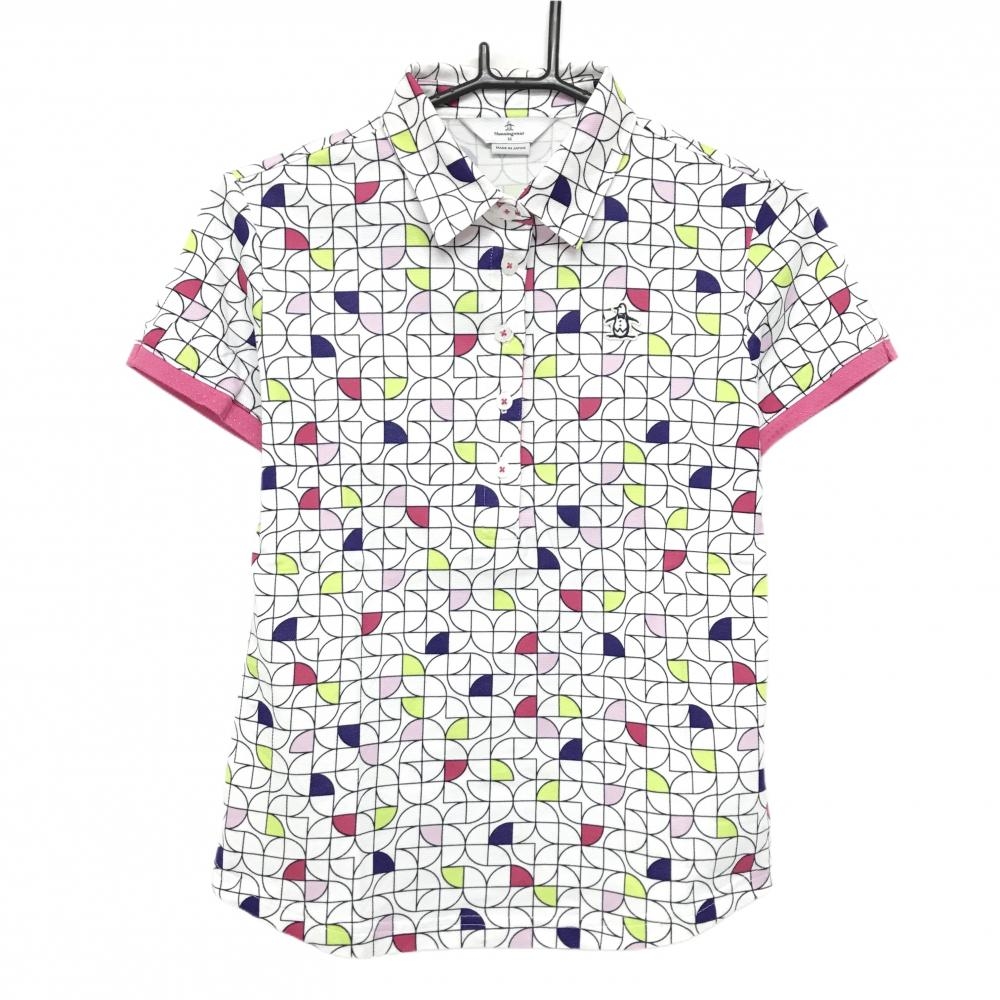 【超美品】マンシングウェア 半袖ポロシャツ 白×ダークネイビー×ピンク 総柄 胸ロゴ レディース M ゴルフウェア Munsingwear