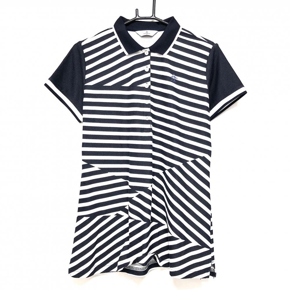マンシングウェア 半袖ポロシャツ ネイビー×白 ボーダー チュニック丈 ロゴ刺しゅう レディース LL ゴルフウェア Munsingwear