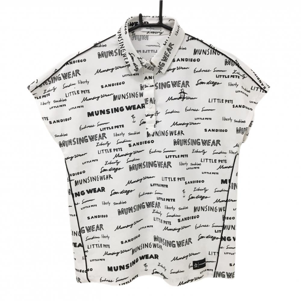 マンシングウェア 半袖ポロシャツ 白×黒 英字総柄 ロゴ刺しゅう フレンチスリーブ レディース L ゴルフウェア Munsingwear