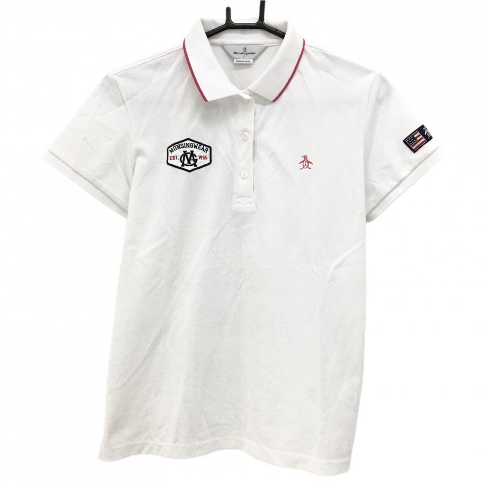 マンシングウェア 半袖ポロシャツ 白×ピンク ペンギン刺しゅう ワッペン レディース L ゴルフウェア Munsingwear