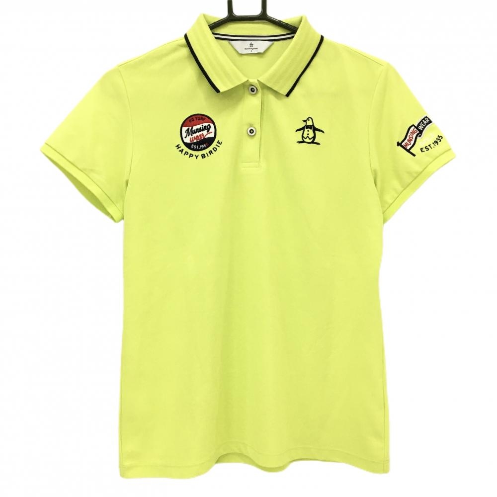 【美品】マンシングウェア 半袖ポロシャツ イエローグリーン×ダークネイビー ロゴ刺しゅう レディース L ゴルフウェア Munsingwear